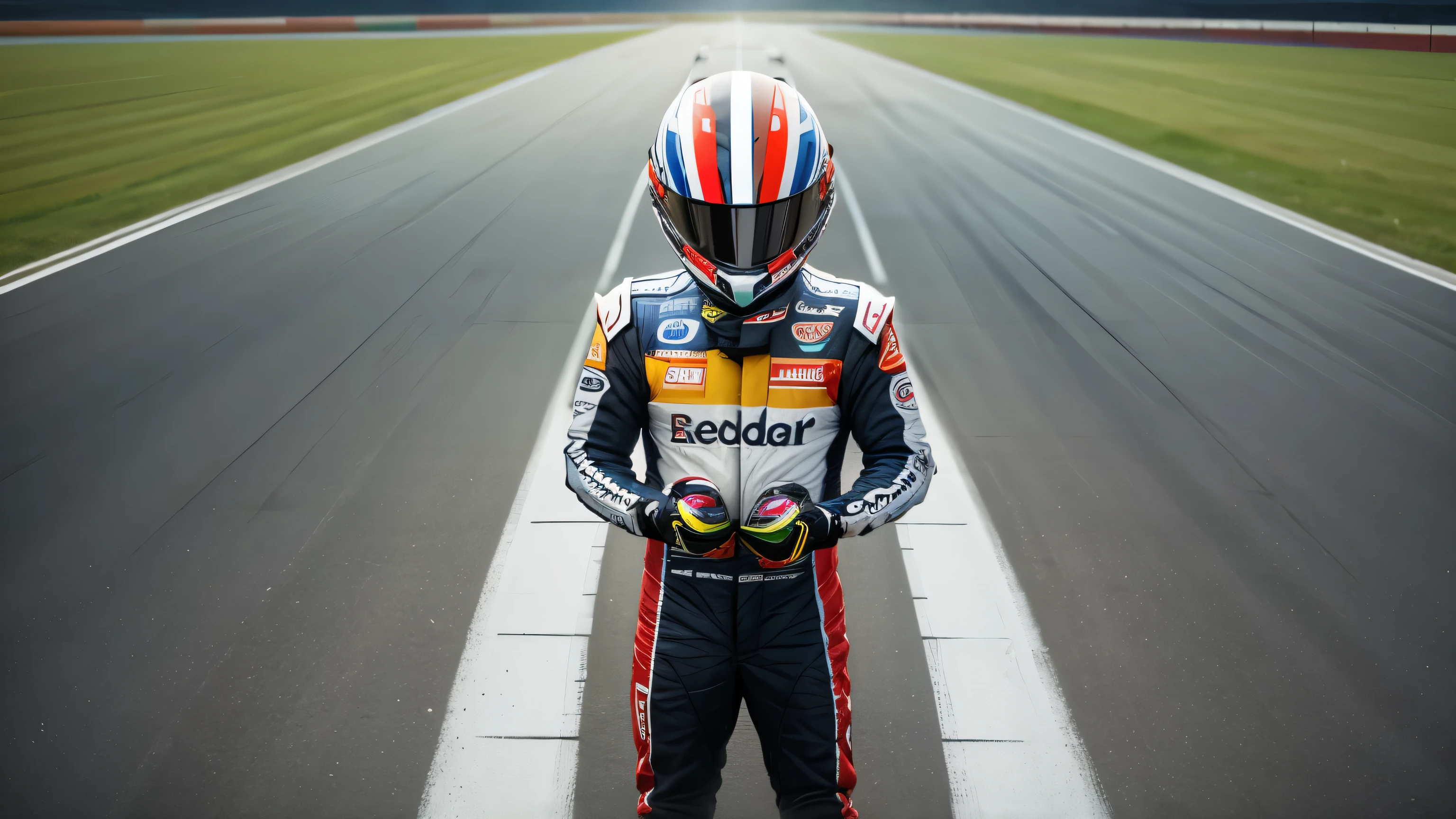 racing driver wearing helmet backwards standing on a race track looking to the side