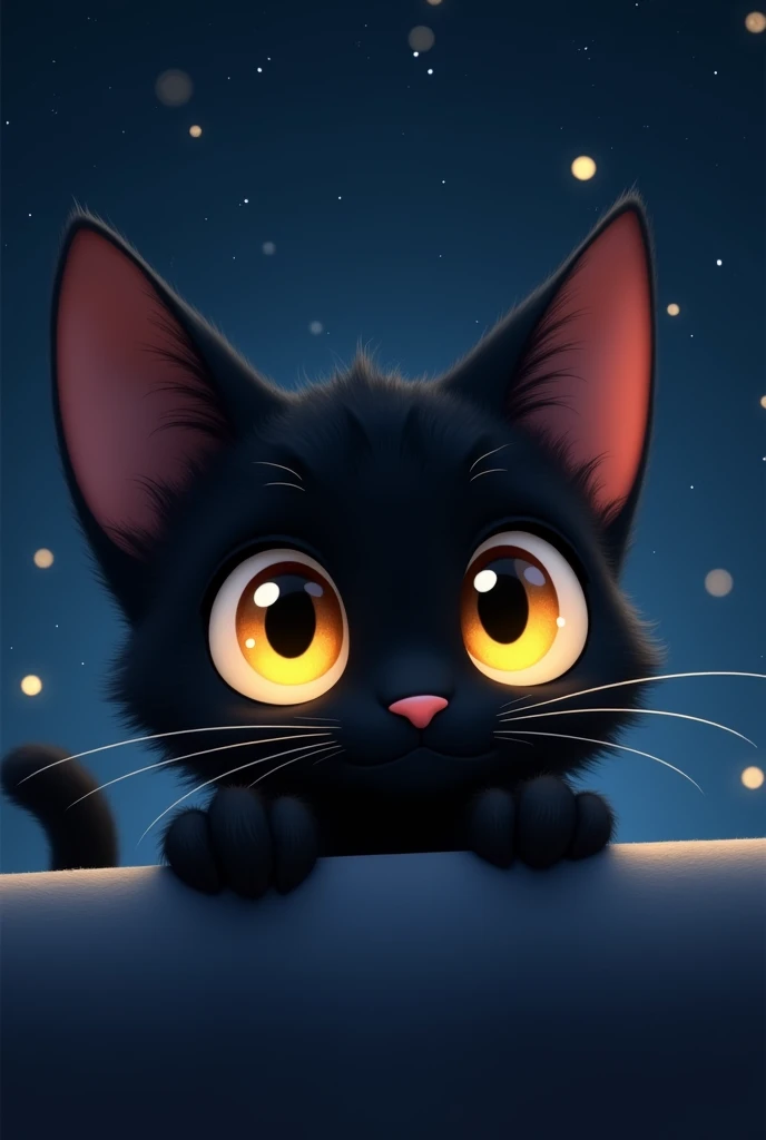 A cute animated black cat peeking out with only its big yellow eyes with dilated pupils visible, and behind there is a dark background with stars as if it were the sky, You can only see half of his face peeking out from the bottom of the image, which is very close to the camera.,  but more tender