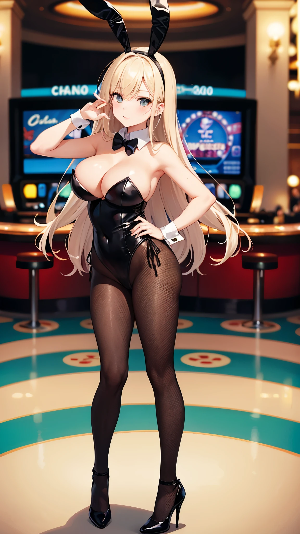 ((Best Quality)), (ultra-detailliert), ((Extremely detailed)), (Beautiful), ((Kawaii Girl)),(two side up hair)、((masutepiece)), ((Platinum Blonde Hair)), Long hair, hair between eye, Wavy Hair, Long sideburns, Jade-colored eyes, White skin, Colossal tits、(Rabbit ears), Slender body, ((Black Playboy bunny)), Fishnet tights, High heels , ((Casino)), Standing, full body, One Woman, Anime style,