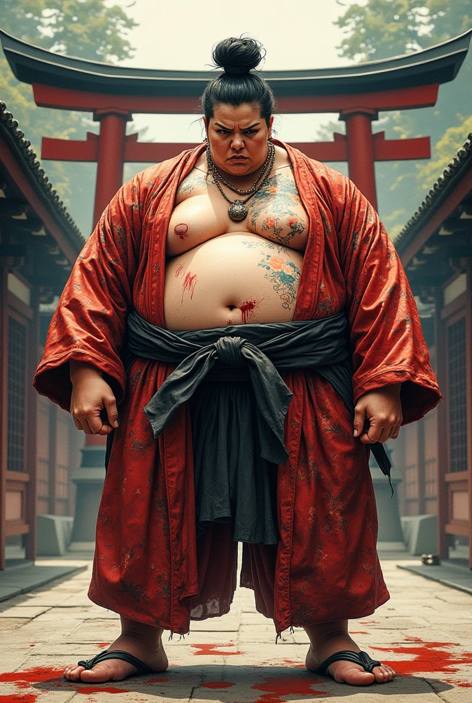 arafed fut sumo fighter woman in kimono with blood on her body, hyperrealistic full figure, extremely detailed woman, hyper realistic illustration, hyperrealistic illustration, pinup art, (real life big fat mom:1.5), heavy ink, hyperrealism concept art, realistic bikini, inspired by Torii Kiyonobu I, yayoi kasuma, pinup body, by Dave Arredondo