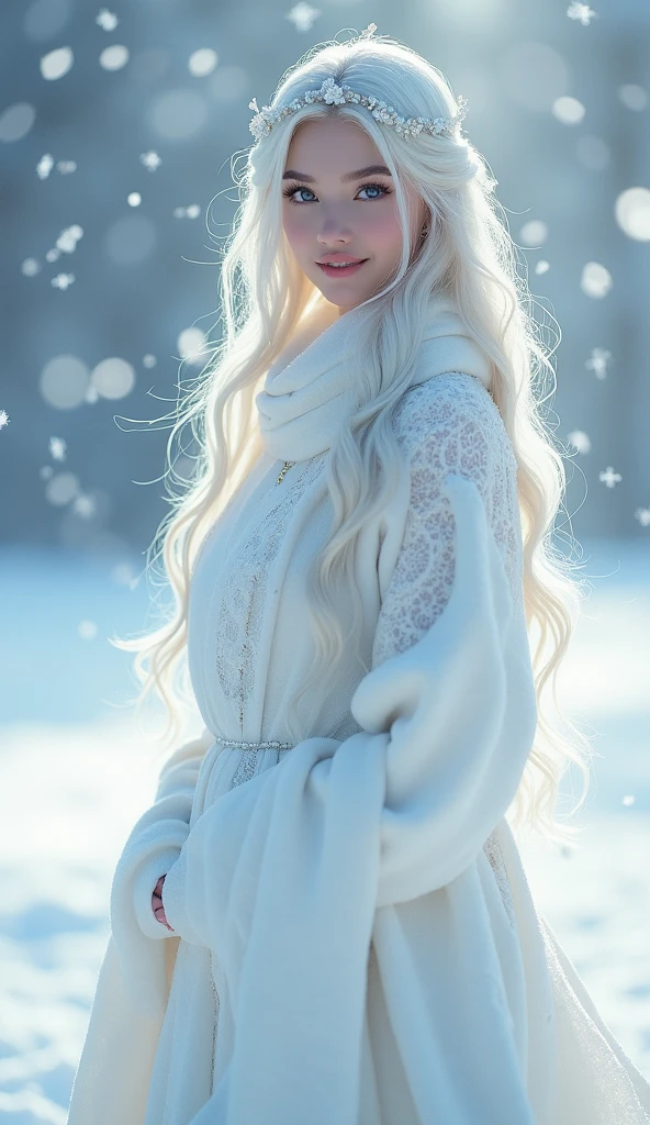 A vast snowy field, Goddess of the Eyes, high resolution, Beautiful Snow Maiden, Flower of the eye,  Snow flurries are fluttering, 8k, happy smile