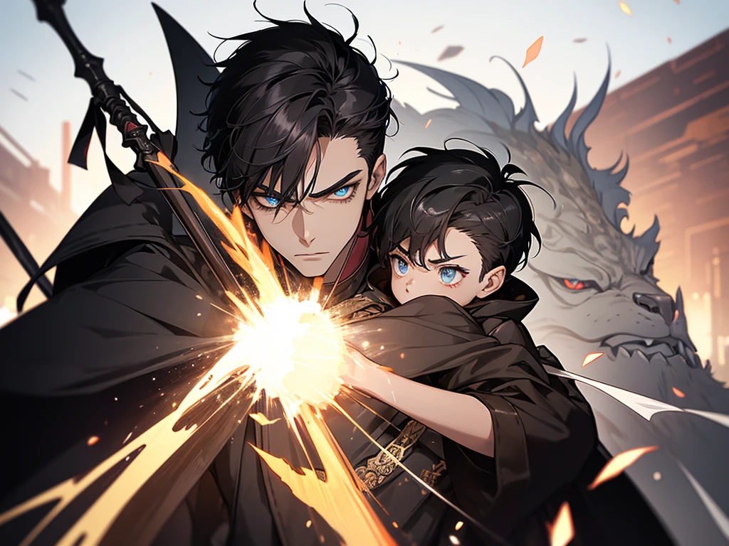 Masterpiece,Face details, High quality, Portrait, anime style, man,Adult 30 years, angry face, Severe attack, อ้าปากจากAnger, Hold a long spear., Anger, glowing eyes, ผู้manอนิเมะตัวสูงที่มีตาสีฟ้า, black short hair, ((blue eyes)),Quiff Hairstyles, ((short black hair)), [Thick eyebrows], Holding a spear in hand, War Spear , ((black long coat)), ((all black)),Silver veil edge, (blue eyes) , handsome , muscle, Facial expressions, black knight armor , black fur shawl(Masterpiece,best quality,special, (Broad shoulders)) (muscle), Set up an attack, attack, There is an injury. , The background is a battlefield. , black light, Yellow flame, A golden Chinese dragon is in the background., Eighteen Conquering Dragon Palms, Palm attack , Father and son