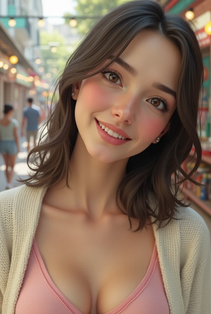 a teenager, (lexi rabe face), (huge breasts), wears cardigan :1.1, wear shorts, smiling, Ultra detailed face, detailed eyes, Walking in a market, Soft lighting, photorealistic, Realistic lighting, (Best Quality), 8k, (masterpiece:1.2)