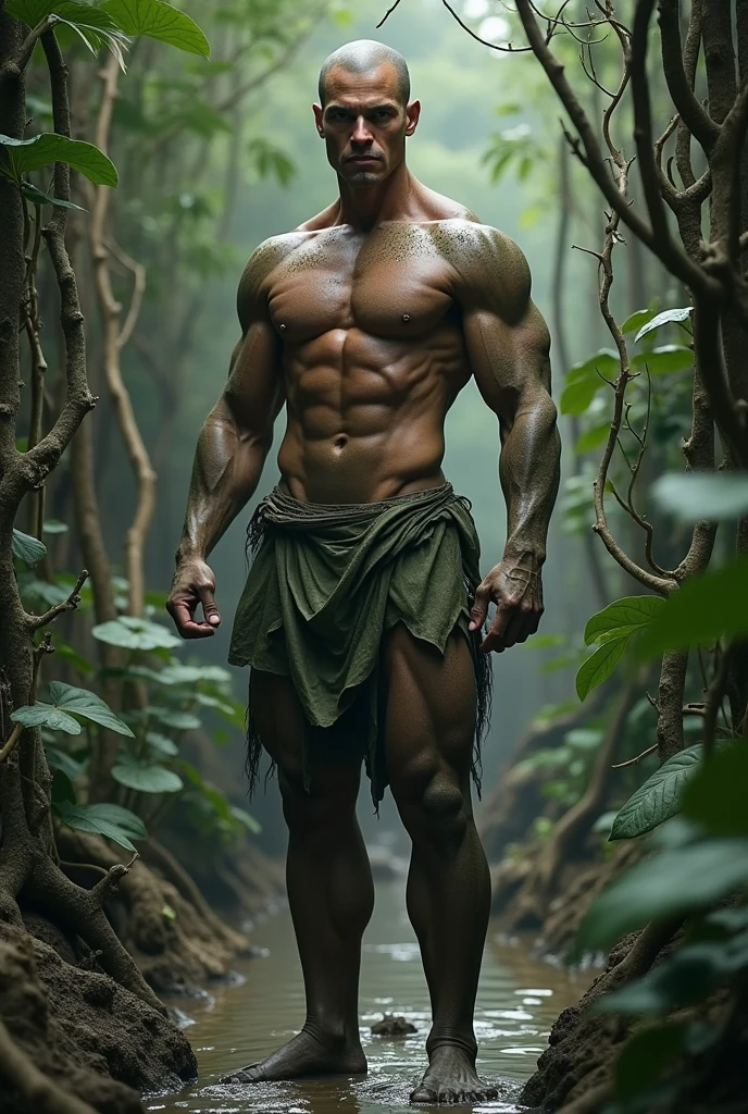Shandong beauty athletes,Very tall body,In the primeval forest,Quagmire,He was covered in mud,Dressed in a crude fig leaf,Close-up shot