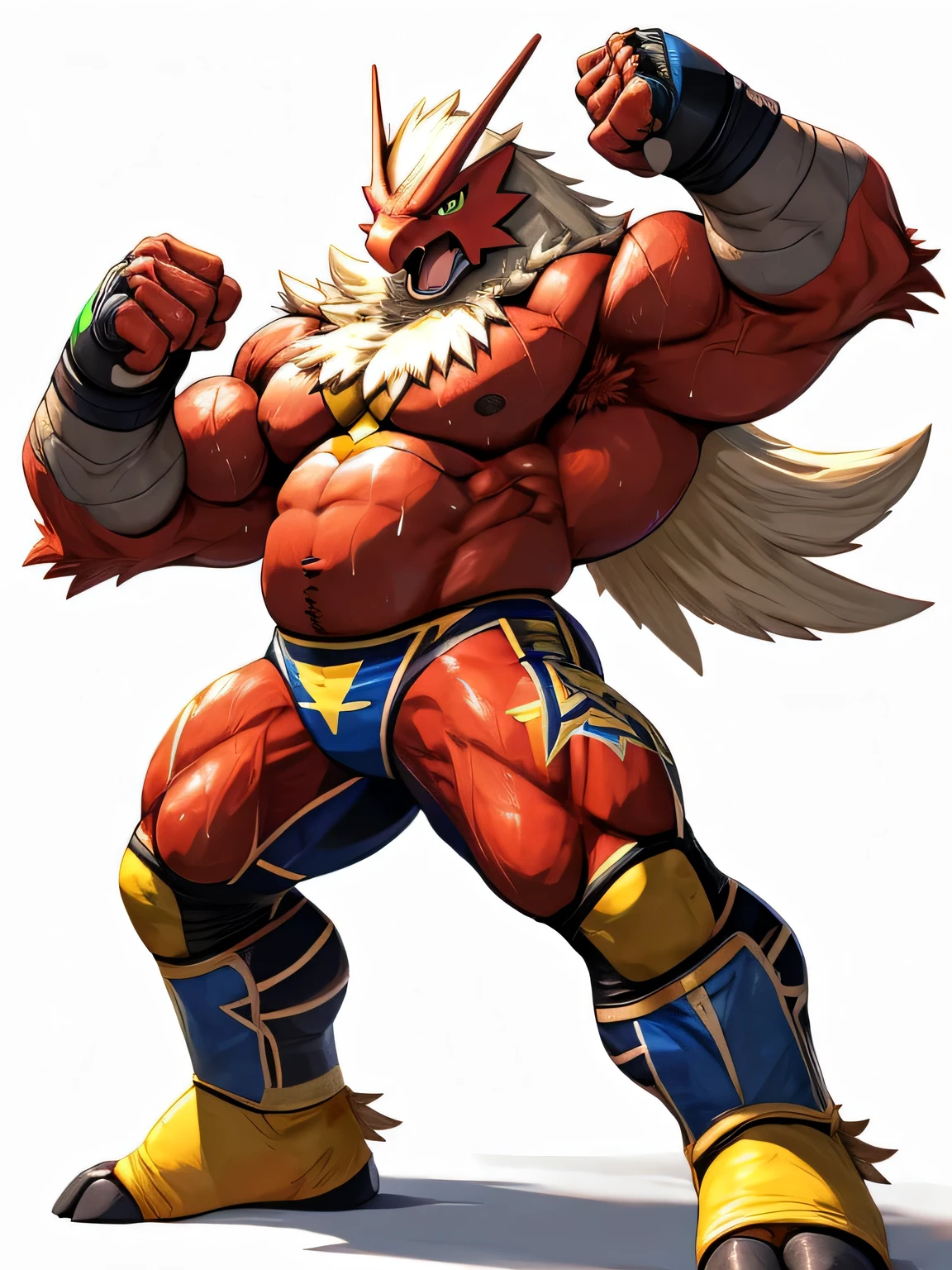 BLAZIKEN pokemon, wrestler,(masterpiece,best quality:1.4), looking at viewer,angry face roaring, veins popping,high stature,heavy weight plump,muscular belly, bulky chest,muscular tighs,focused on long legs,Black wrestling tights,sweaty and glossy skin,raise an arm,show off armpits,full body standing, white background