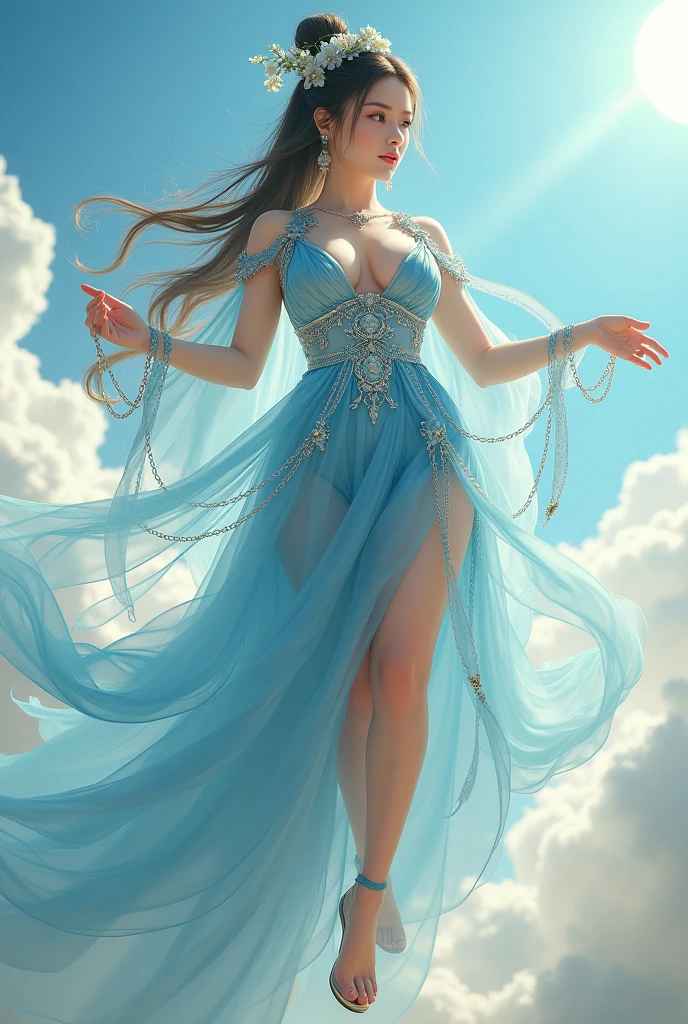 The goddess、Feather coat、coin gold、Thick body、Curvy Body、Curved waist、Large Breasts、White skin、Light blue dress、Gorgeous outfit embroidered with intricate embroidery、Exposed breasts、Flowing tulle、Long transparent colorful ribbons tied around the arm、China's Cinderella-inspired、belly button、Bare shoulders、Bare neck、Flower Hairpin、bangle ribbon、wreath、wreath、bracelet high bun hair、 anklet、god、(Floating above the clouds)、Flying gracefully through the sky、Metal chain tassels at waist、Mogao Caves Art、Ink Painting、CGSTATION Pop、On a sunny beach、(whole body))、((Ultra-realistic))