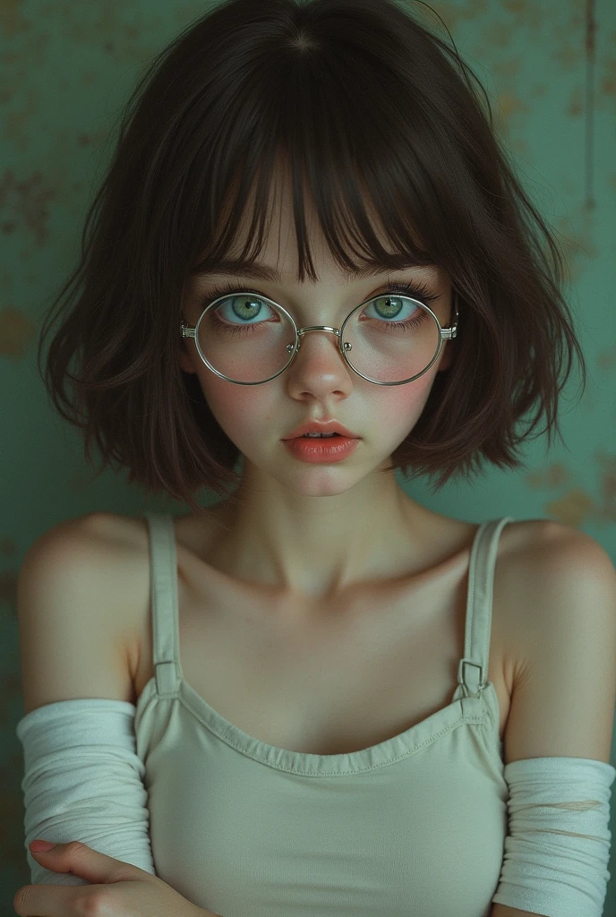 (forgery-v3.0)Girl with short brown hair with bangs, Bare one blue eye and the other green, full body with white bandages on arms and thin round glasses