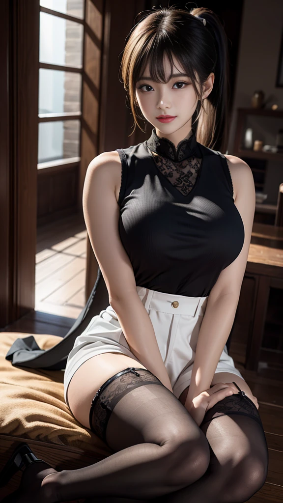 street, Single ponytail, Side Ponytail, High Ponytail, tall and big, Long legs, (Sleeveless lace shirt), (shorts), (Striped stockings)), ((Striped stockings)), walk, elegant, dignified, Feminization, Curvy beauty, sweet smile, Strong sense of detail and layering, color绚丽丰富, Has a unique texture, 丰富的color, color, lifelike, Design Art, 16K, Very detailed, {{illustration}}, {Extremely exquisite and beautiful}, {Delicate finish}, Extremely detailed, Delicate and shining eyes, {{Movie Lighting}}, Extreme lighting effects, Model: cinematic realism, CFG scale: 12, Lola: Bright texture (1.35), high quality, masterpiece, Exquisite facial features, Delicate hair depiction, Delicate eye expression, masterpiece, best quality, Ray Tracing, Extremely detailed CG unity 8k wallpaper, masterpiece, best quality