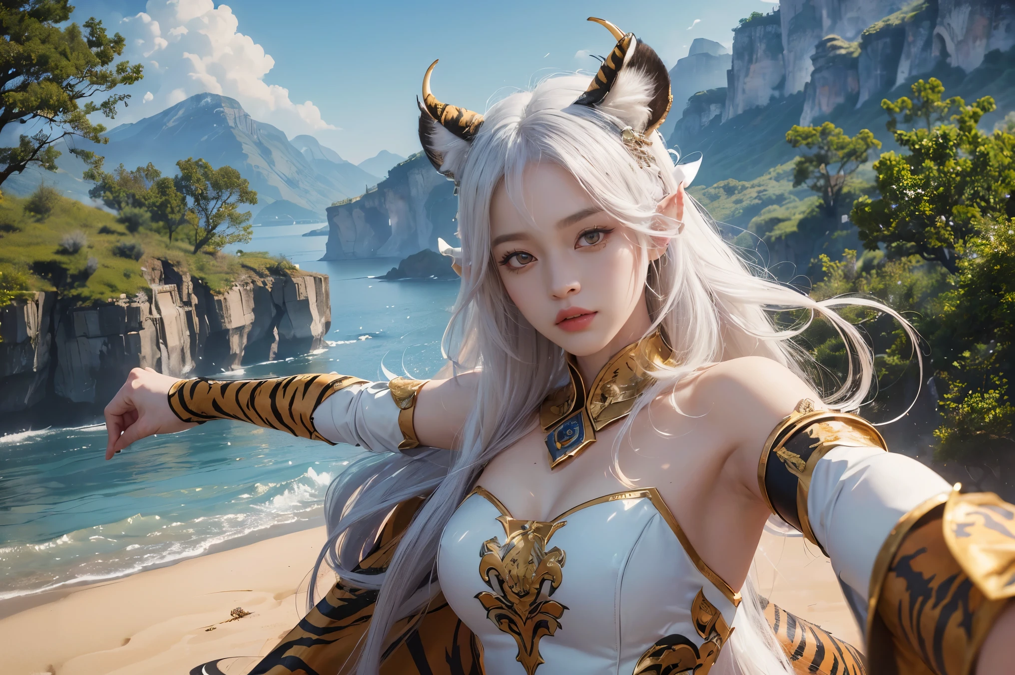 ( Absurdly , high quality , Very detailed,View Photographer、holding an Axe )、(White super long straight hair)、White Tiger Queen、Hair Access、(((Tiger ears and two horns)))、Beautifully detailed tiger-patterned dress and armor、Tiger-inspired costume、Tattoo with a tiger print、Queen of Queens、(masterpiece, 最high quality, 最high quality, Official Art, Beauty and aesthetics: 1.2), (One person: 1.3)、(((Combat pose)))、(((Majestic and beautiful nature background)))
