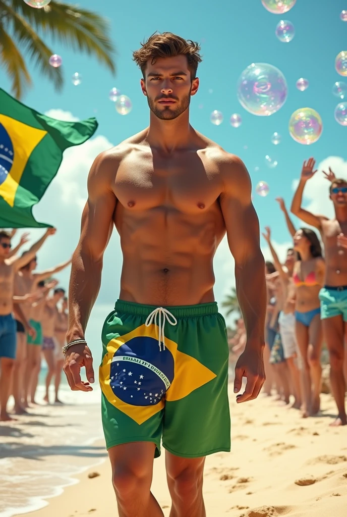 young, beautiful, elegant, white, skinny, elegant shirtless face standing, ,sin remera en la playa boxer de bandera brasil con una bandera brasileño mientras muchos publico le aplaude y celebra con muchas burbuja en su alrrededor pasarela masculina hombre guapo piel white