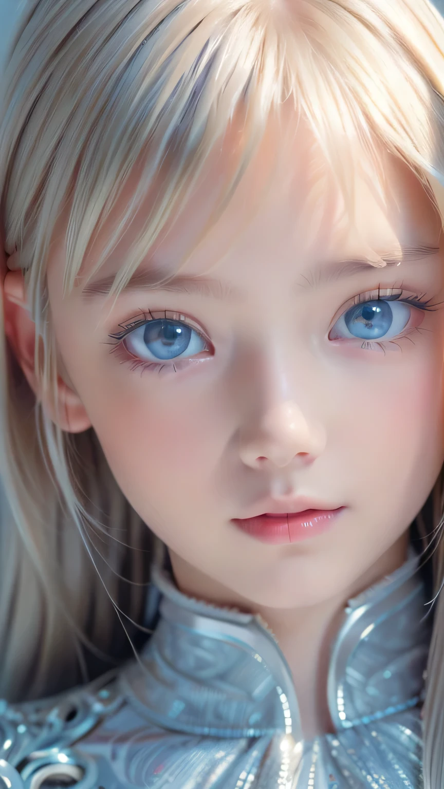 highest quality、8K Masterpiece、Ultra-high resolution、(Realistic:1.3)、RAW Photos、14 year old girl of Scandinavian descent with shiny blonde hair、Silvery blonde hair、Super long straight hair、Bangs between the eyes、bangs over eyes、片bangs over eyes、Bangs between the eyes、White and lustrous skin、1. Cyberpunk Super Beautiful Soldier、((Ultra-Realistic Details))、Portraiture、Global Illumination、Shadow Realm、Octane Rendering、8K、Super sharp、Metal、Cold colors、、Very intricate details、Realistic Light、CG Association Trends、Very beautiful, large light blue eyes、Very big eyes、Eyes shining towards the camera、Neon Details、Small Face Beauty、Round face、Cheek highlight