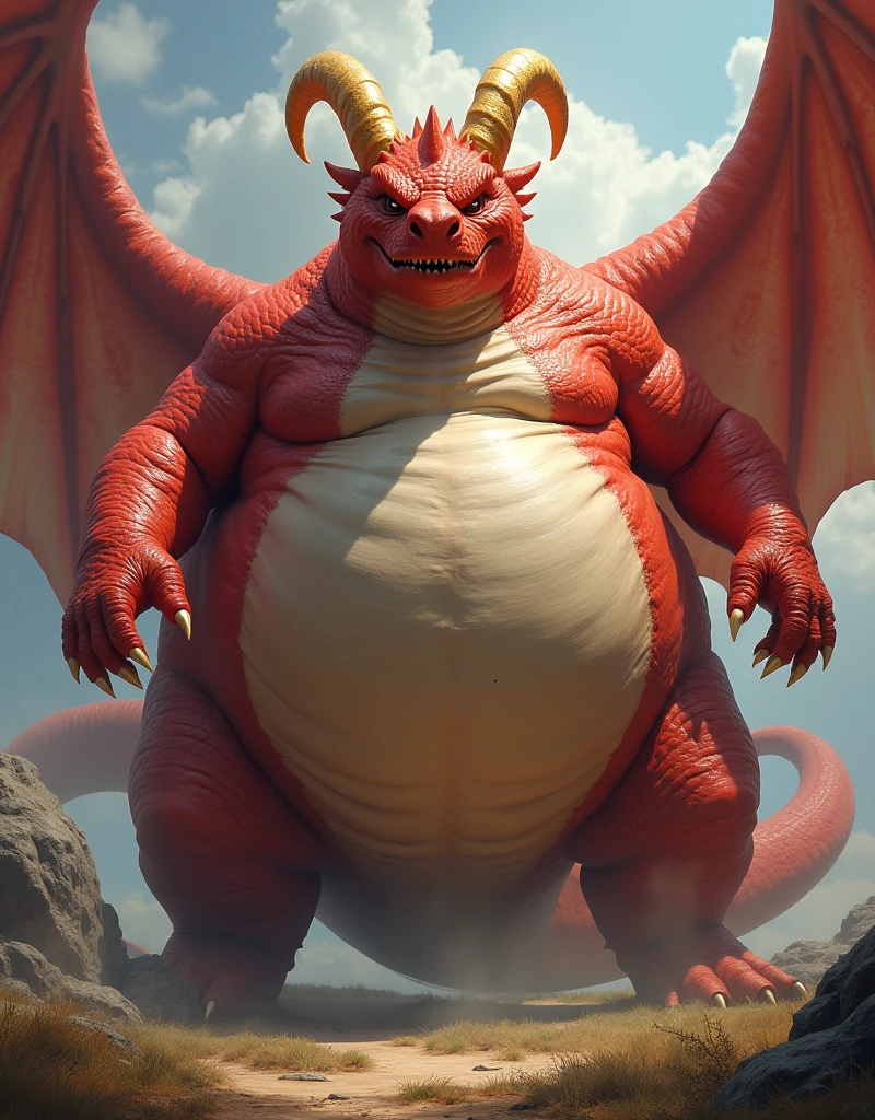 He is a red dragon and he is handsome and he has golden horns and wings with hands and he is the fattest dragon in the world and he is fat and his belly is touching the ground and he is very heavy and his size is bigger than a country and he is fat and he has wings and he uses various magic and he is fatter and fatter and his facial features are fatter and bigger and he uses various magic to make him fatter.!!!! The stomach swells up several times!!! The belly is bigger than the body, the belly touches the ground, and the body is long.