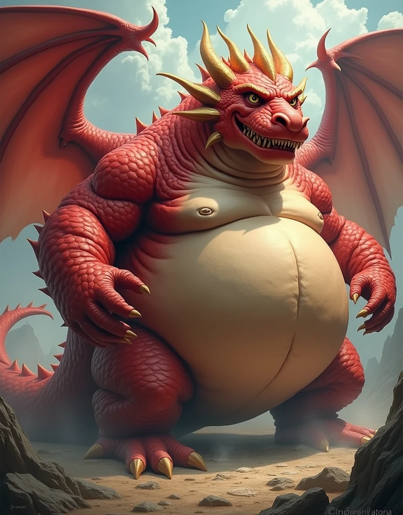 He is a red dragon and he is handsome and he has golden horns and wings with hands and he is the fattest dragon in the world and he is fat and his belly is touching the ground and he is very heavy and his size is bigger than a country and he is fat and he has wings and he uses various magic and he is fatter and fatter and his facial features are fatter and bigger and he uses various magic to make him fatter.!!!! The stomach swells up several times!!! The belly is bigger than the body, the belly touches the ground, and the body is long.