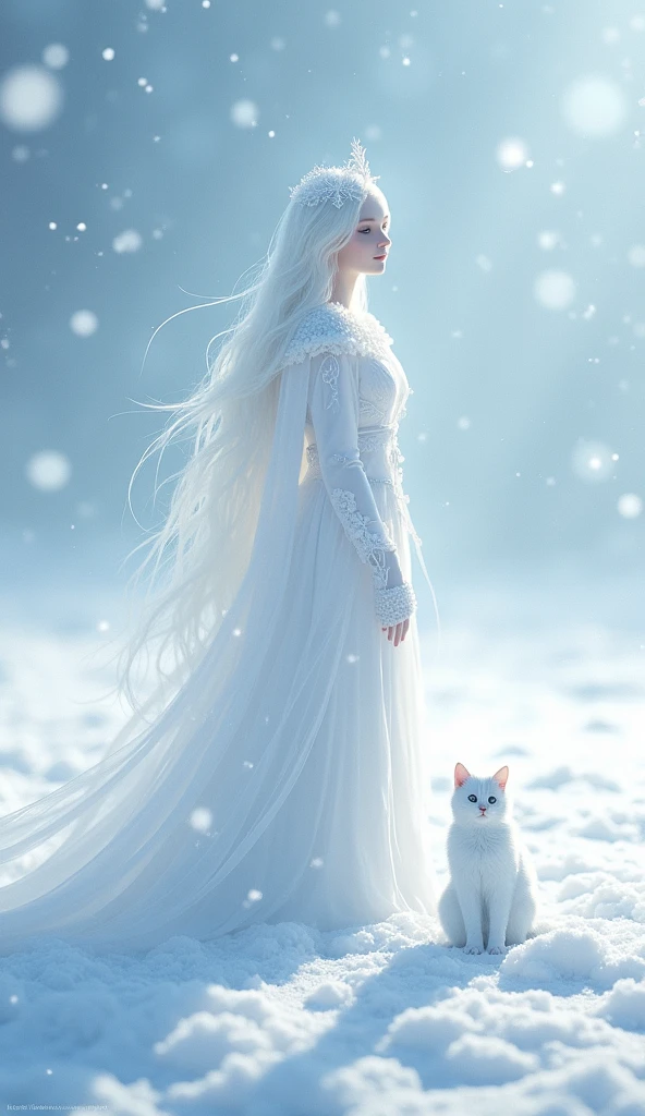 A vast snowy field, Goddess of the Eyes, high resolution, Beautiful Snow Maiden, Flower of the eye,  Snow flurries are fluttering, 8k, happy smile, white cat