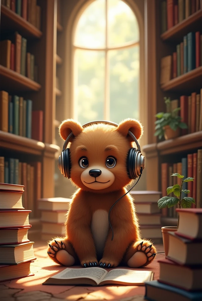 Bear cub with headphones in room full of books 
