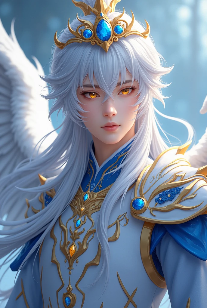 Handsome young man protagonist xianxia,golden amber eyes and long silver hair, sapphire crown floating at top head,Use armour with azure and dominant white color featuring like Chinese white Tiger divine beast wings at back,ultra hd, better quality