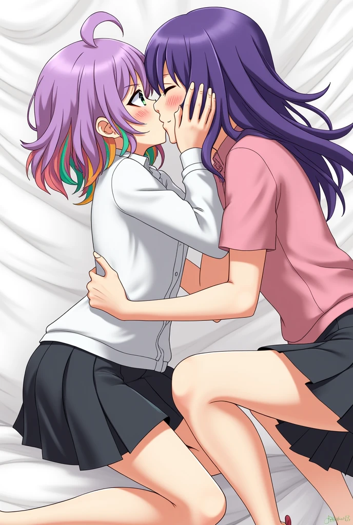 Girl with colorful hair with all the colors of the rainbow kissing another girl with tongue in an exciting way holding the girl's neck and waist, Now this purple-haired girl kisses the older one with excitement making her legs almost tremble, anime styling.