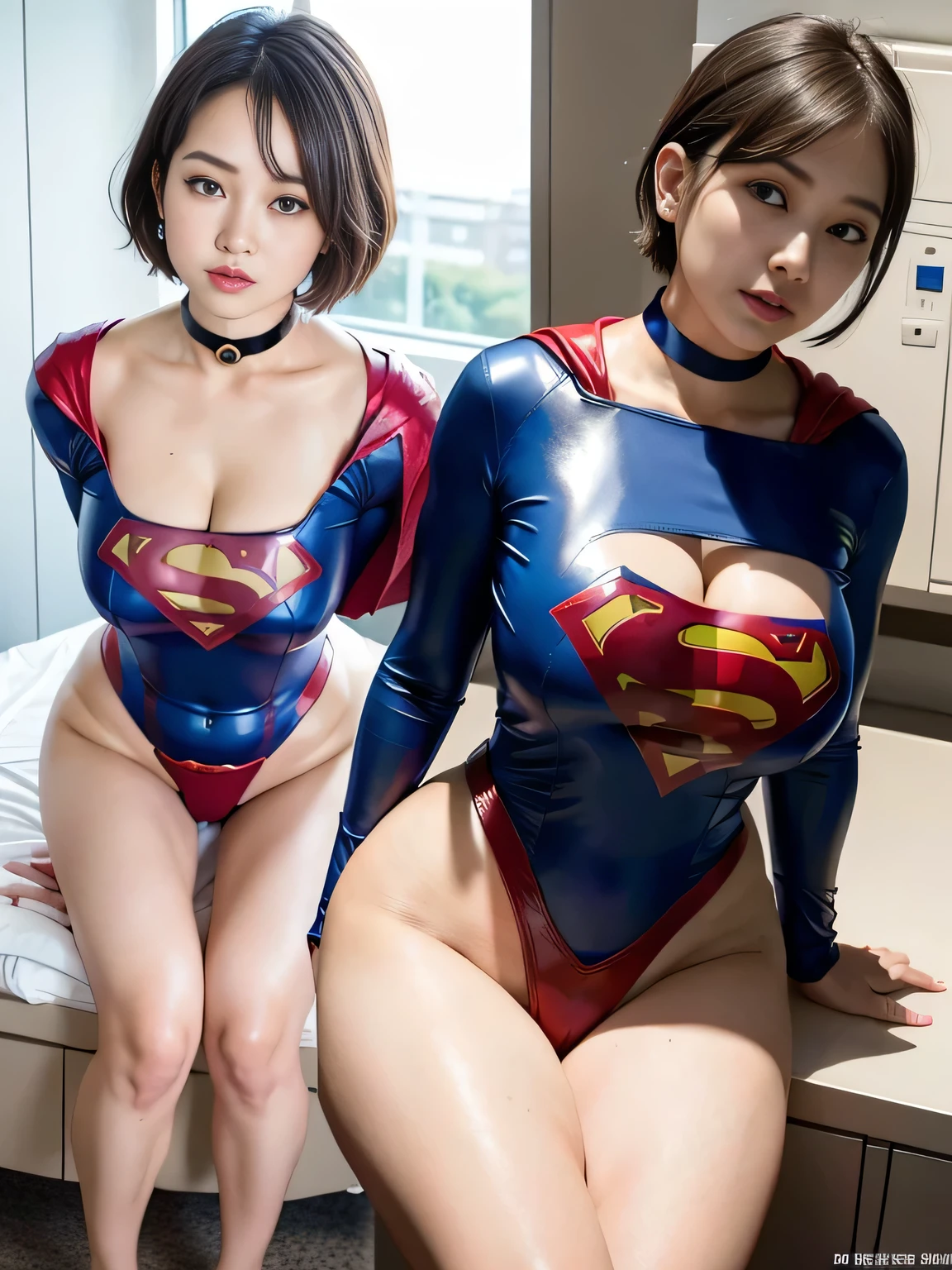 masterpiece、Rubber Supergirl Costume、short hair、barefoot、Big and ample breasts、shiny sweaty skin、looking at the camera、choker、Long sleeve、Sexy poses to seduce、Off the shoulder、latex、From the front、In front of the laboratory equipment in the hospital room、High leg leotard、Cape、Glamorous cleavage、Photo magazine cover、Boasting beautiful legs、Nymphomaniac young wife in her 30s、Close-up shot from a close distance、Bare legs、