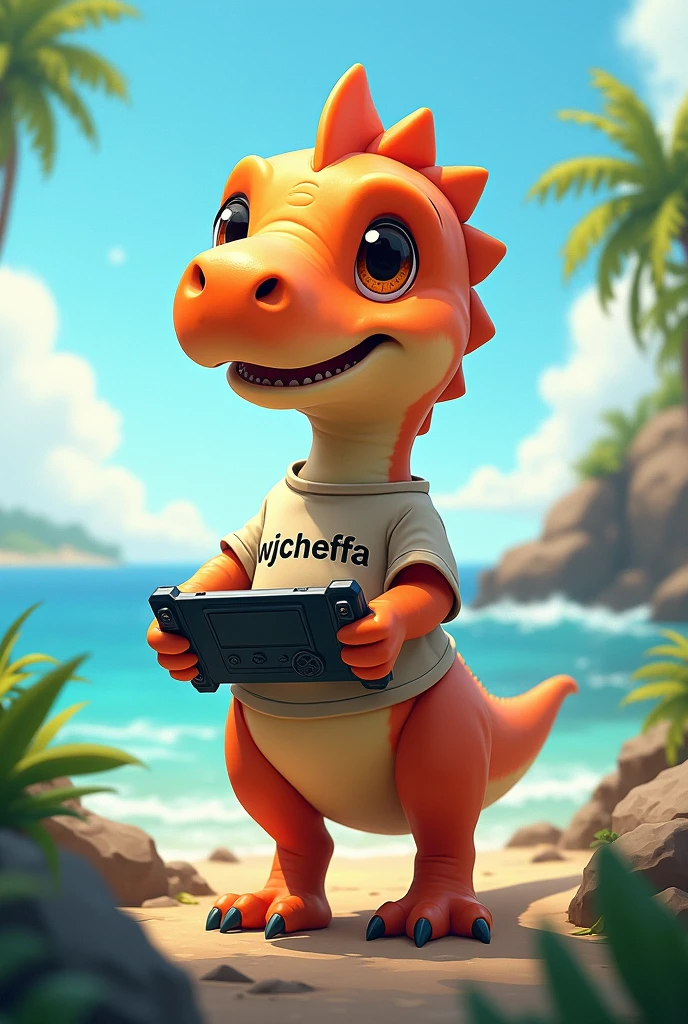Create a little dinosuar with a shirt that say “WJ≠CHEFFA” outside a risk from the sea with a control of console in your hands