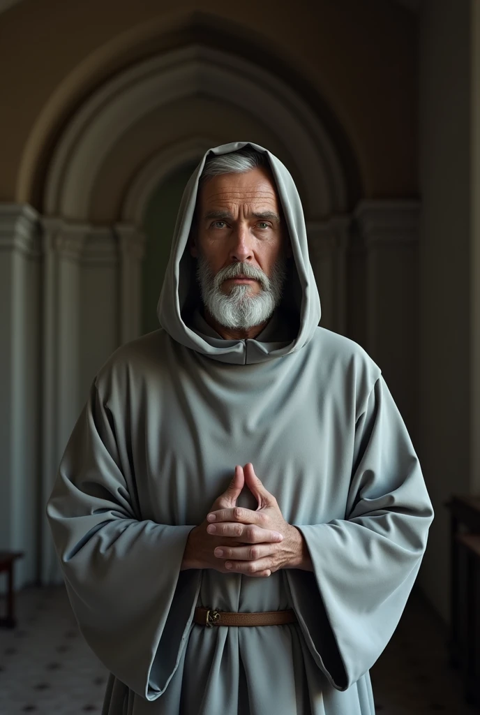 Create a monk of the roman Catholic Church, in a "light" gray robe attire. #Medieval #NoCross #Film