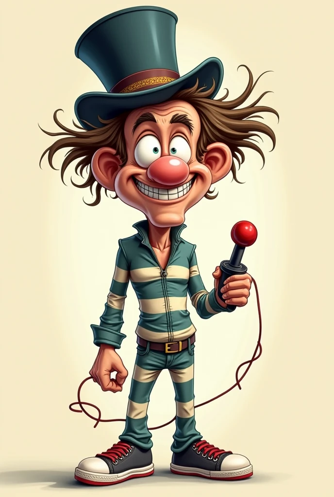 Caricature of Crazy and Nerdy Man in Straitjacket, wearing a top hat and holding a joystick in his hands