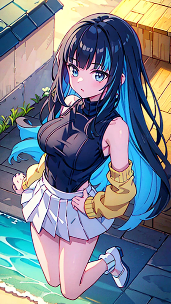 1 girl, (full body), (sweater),Pleated skirt, (highlighting hips), (turning around), outdoors, sunny, beach, (perfect hands), (perfect anatomy), (perfect body structure), ((2 arms)), ((2 legs)), masterpiece, best quality, high resolution, ultra high resolution, perfect pixels, depth perspective, 4K, ultra high resolution, /studio lighting, /sharp focus, /bright colors, /portrait, /warm colors, /soft lighting,