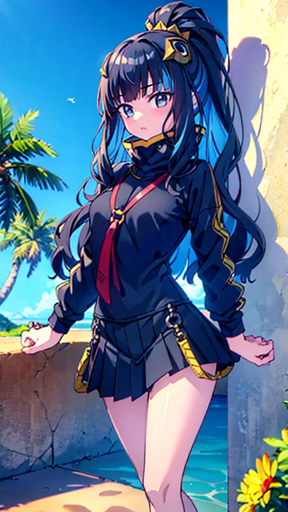 1 girl, (full body), (sweater),Pleated skirt, (highlighting hips), (turning around), outdoors, sunny, beach, (perfect hands), (perfect anatomy), (perfect body structure), ((2 arms)), ((2 legs)), masterpiece, best quality, high resolution, ultra high resolution, perfect pixels, depth perspective, 4K, ultra high resolution, /studio lighting, /sharp focus, /bright colors, /portrait, /warm colors, /soft lighting,