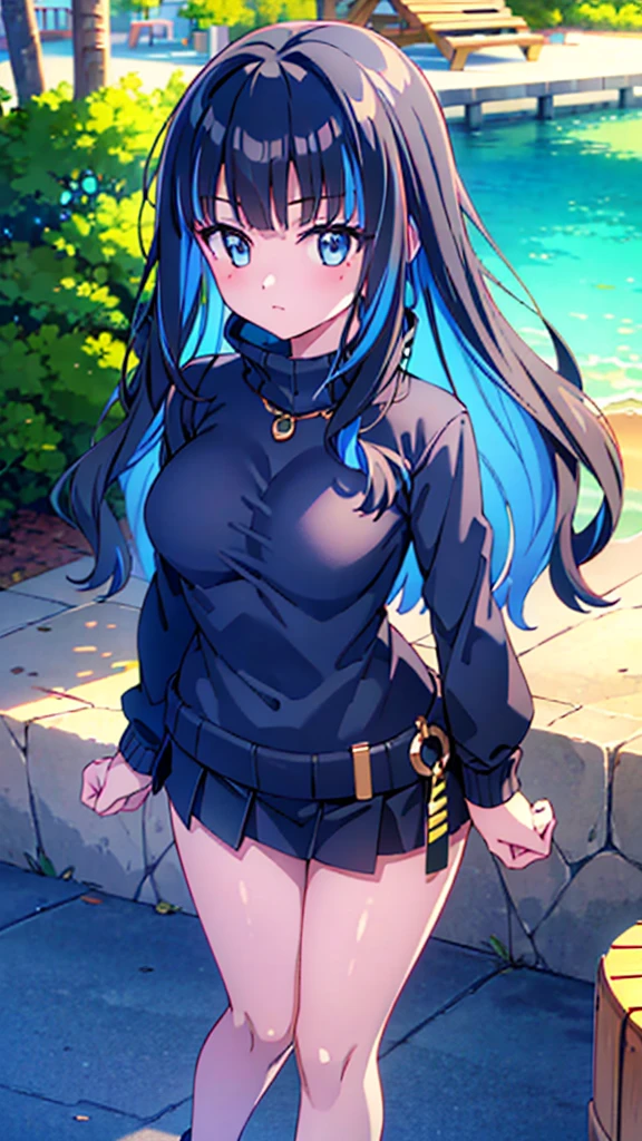 1 girl, (full body), (sweater),Pleated skirt, (highlighting hips), (turning around), outdoors, sunny, beach, (perfect hands), (perfect anatomy), (perfect body structure), ((2 arms)), ((2 legs)), masterpiece, best quality, high resolution, ultra high resolution, perfect pixels, depth perspective, 4K, ultra high resolution, /studio lighting, /sharp focus, /bright colors, /portrait, /warm colors, /soft lighting,