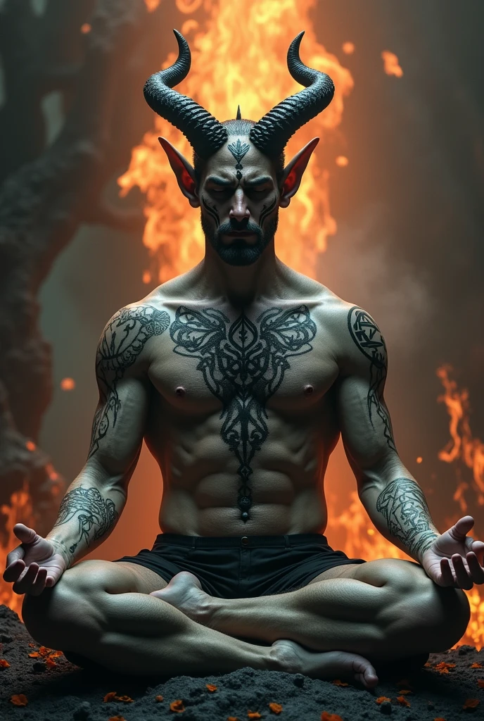 Um demonio masculino com Chifres Pequenos , horns meditating , on his body he has tattooed esoteric symbols,0 in a hellish scenario , Chifres Pequenos, the horns form a small crown on the head
