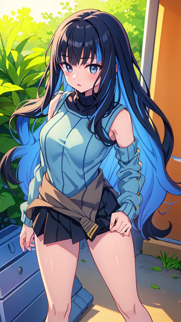 beautiful woman, very very long hair, blue eyes, at bedroom, wearing open busty sexy short tank top, hearts print, the shirt shows her hot big ass , kyoto art style, full shot