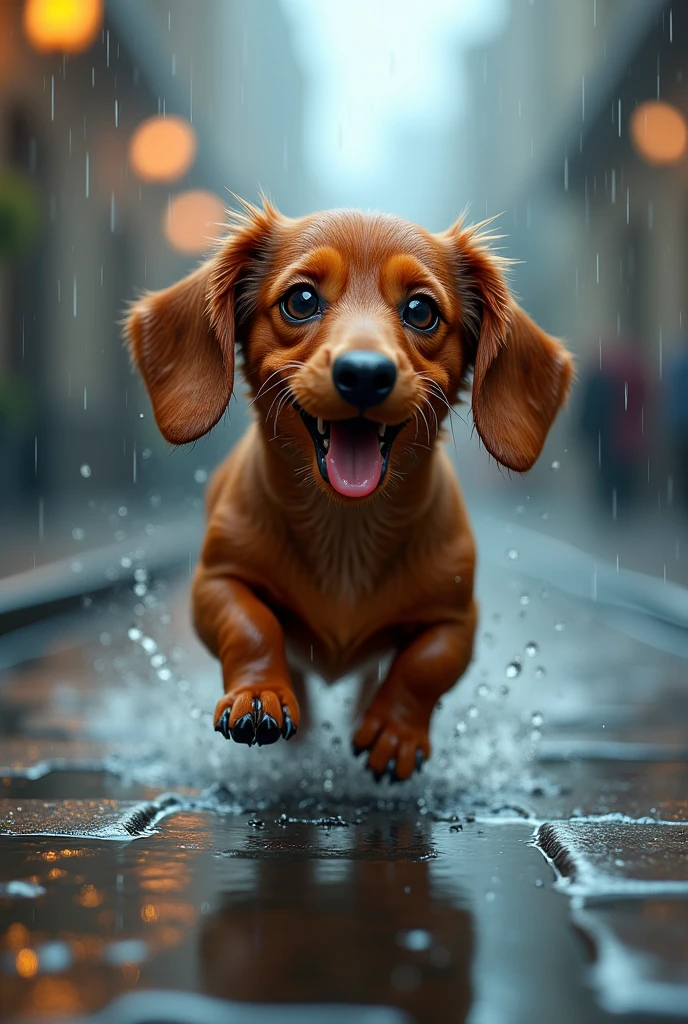 sausage dog running in the rain