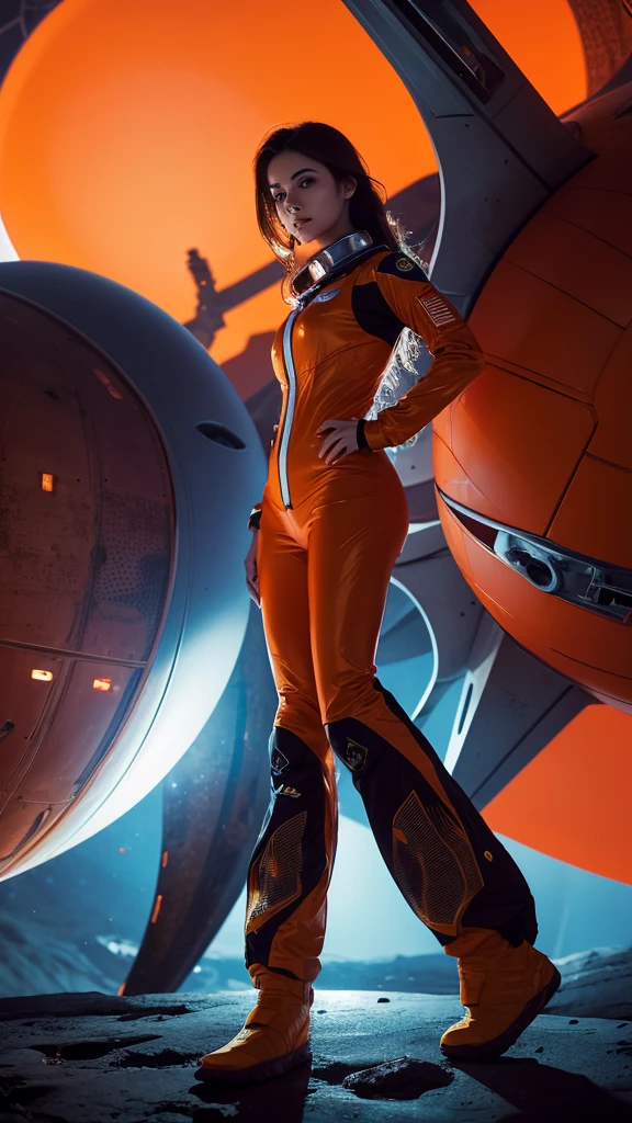 Arabic style image of a woman in a futuristic suit with a spaceship in the background, Cinematic art, In front of an orange background, Inspired by Robert McGinnis, Female protagonist, Megastructure in the background, AIastronautの肖像, astronaut, astronaut, astronautのスケルターの肖像画, Perfect Android, frank franzzeta and sakimichan