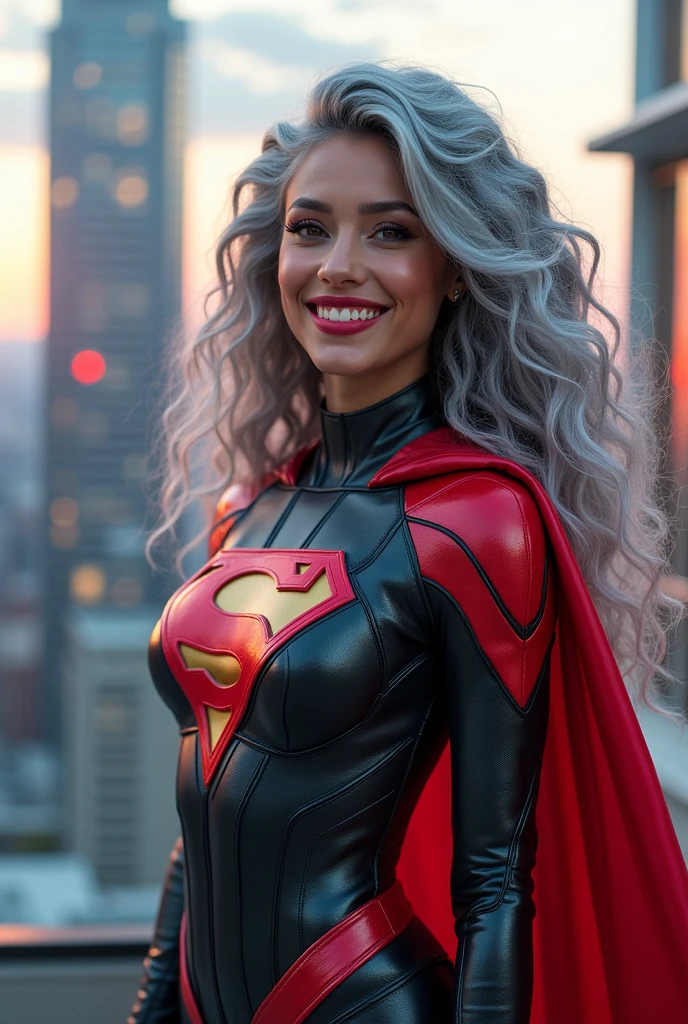 A beautiful youthful looking American version of Ariana Grande as a 50 years old woman with long her completely gray hair in a big curls styles as a retired American inspired superhero wearing her costume suit witch looks like a comic superhero suit again for a photoshoot on top of a skyscraper with a future looking big city skyline in the background she is smiling for the camera