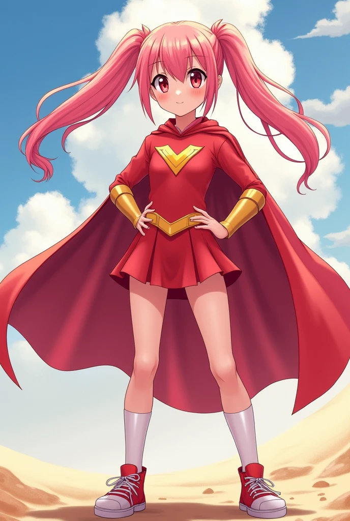 Girl, like , pink hair with yellow straight, She wears two pigtails, his eyes are red, and her skin is light pink, He wears red superhero clothes along with a light red cape., and he wears red sneakers. anime style.
