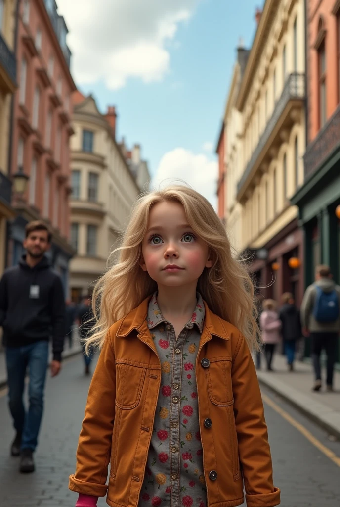 Blonde girl 8 year long hair harzel eyes with your brunette dad Brown eyes and mom Green eyes long blonde hair in London street 8k ultra realistic image