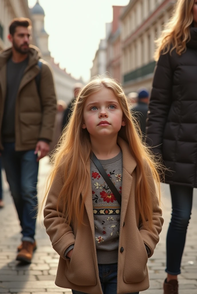 Blonde girl 8 year long hair harzel eyes with your brunette dad Brown eyes and mom Green eyes long blonde hair in London street 8k ultra realistic image