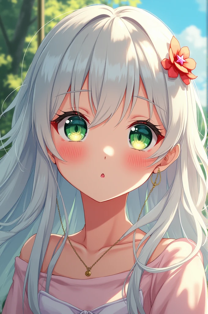 anime girl, with white hair and green eyes