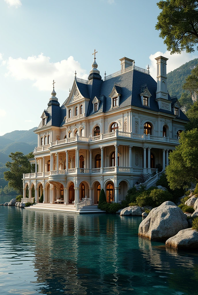 A 12-bedroom lakefront mansion, 2 storeys with balcony