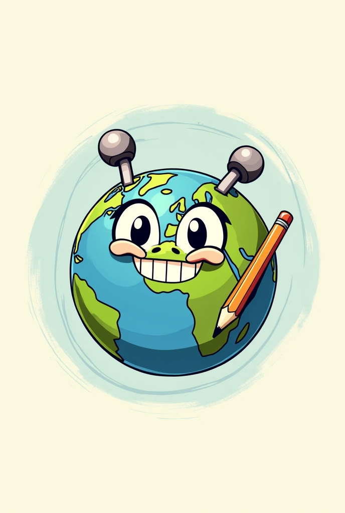 Logo ,Planet Earth with Cuphead style face , with a pencil making a trace around 