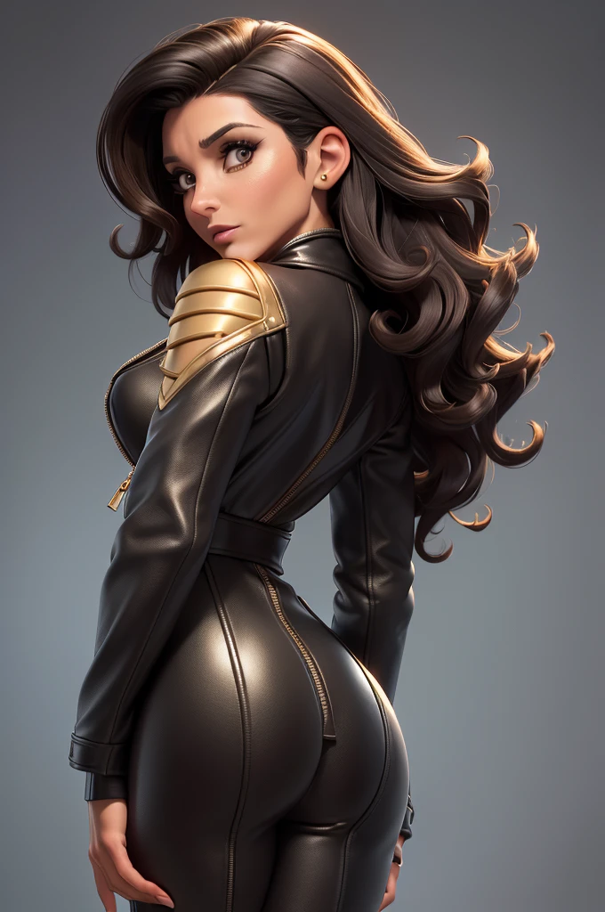obra prima, melhor qualidade, ((only one woman,)) ((julia louis dreyfus, dark tan skin, short black curly hair, heavy makeup eye shadow, mouth open,)) (((wearing thigh length black leather jacket,))) (((jacket is zipped up, jacket covers waist and ass,))) ((jacket has stiff high collar,)) ((gold pvc gloves,)) body is very skinny, standing up, (((arched back, shoulders leaning way back, head tilted way back, chin up,))) ((camera back view, extreme closeup view of upper body,)) shallow depth of field, highres, HD, 8k, anatomically correct