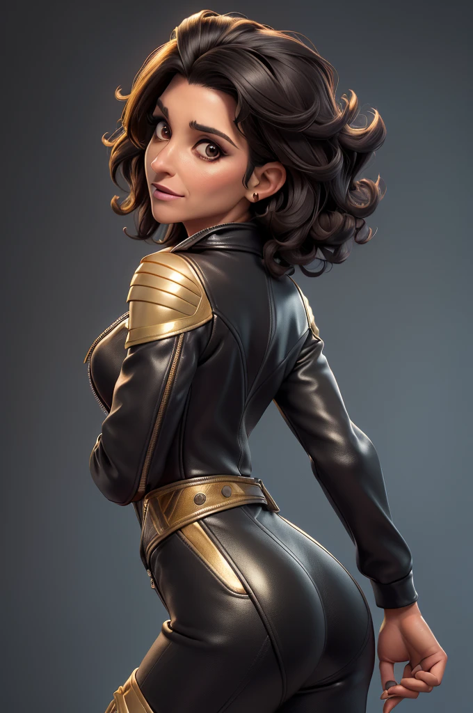 obra prima, melhor qualidade, ((only one woman,)) ((julia louis dreyfus, dark tan skin, short black curly hair, heavy makeup eye shadow, mouth open,)) (((wearing thigh length black leather jacket,))) (((jacket is zipped up, jacket covers waist and ass,))) ((jacket has stiff high collar,)) ((gold pvc gloves,)) body is very skinny, standing up, (((arched back, shoulders leaning way back, head tilted way back, chin up,))) ((camera back view, extreme closeup view of upper body,)) shallow depth of field, highres, HD, 8k, anatomically correct