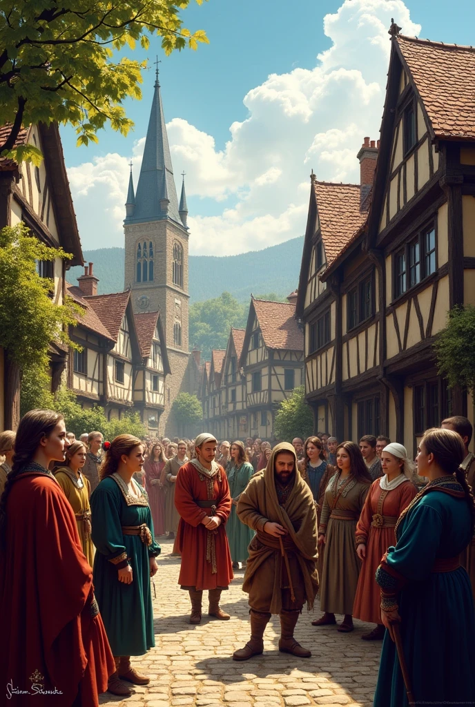A scene from the Middle Ages. There is a group of people.