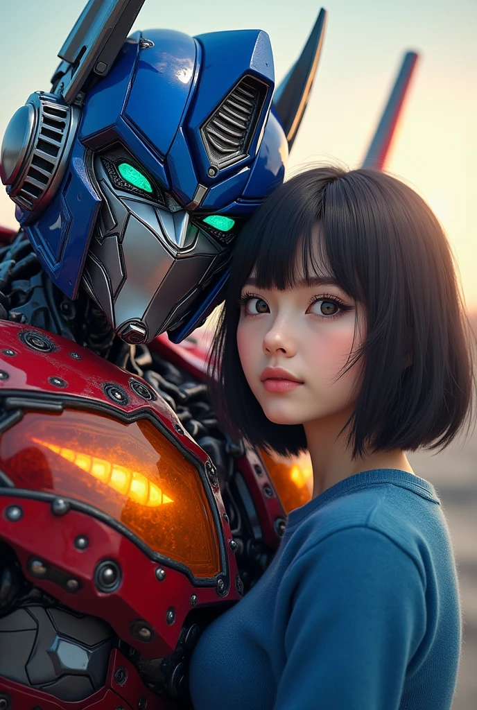 Optimus Prime, Momoe Sawaki, 1girl, masterpiece, highres, upperbody, short hair, green eyes, blue sweater, (best quality,4k,8k,highres,masterpiece:1.2),ultra-detailed,(realistic,photorealistic,photo-realistic:1.37),HDR,UHD,studio lighting,ultra-fine painting,sharp focus,physically-based rendering,extreme detail description,professional,vivid colors,bokeh,portraits