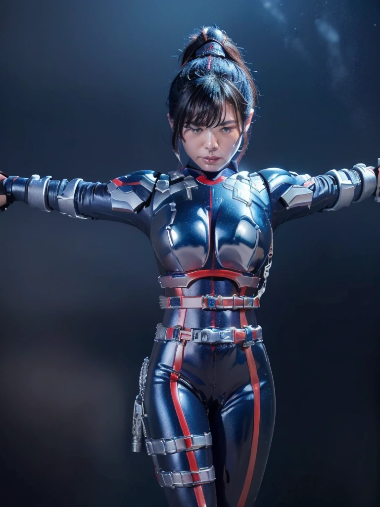 Highest quality,masterpiece,Ultra-high resolution, Very detailed, 8k,(Beautiful woman),Beautiful 25-year-old Japanese woman:1.5,Black hair ponytail、((Crucifixion)),torture,slave,((クロスにCrucifixionにされた女性:1.5)),Crucifixion刑,(((Shiny blue and white futuristic hero suit))), (Blue and white shiny hero suit, Big Breasts、Voluptuous body)、Torn Costume、(((Dirty outfit)))、((Torn Costume)), ((Scream with a look of pain)), (((A body covered in scars))),Military Harness,