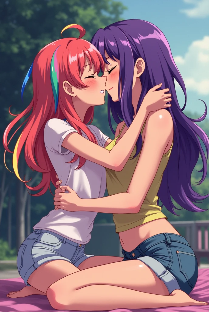 Girl with colorful hair with all the colors of the rainbow kissing another girl with tongue in an exciting way holding the girl&#39;s neck and waist, Now this purple-haired girl kisses the older one with excitement making her legs almost tremble, sex, anime styling.