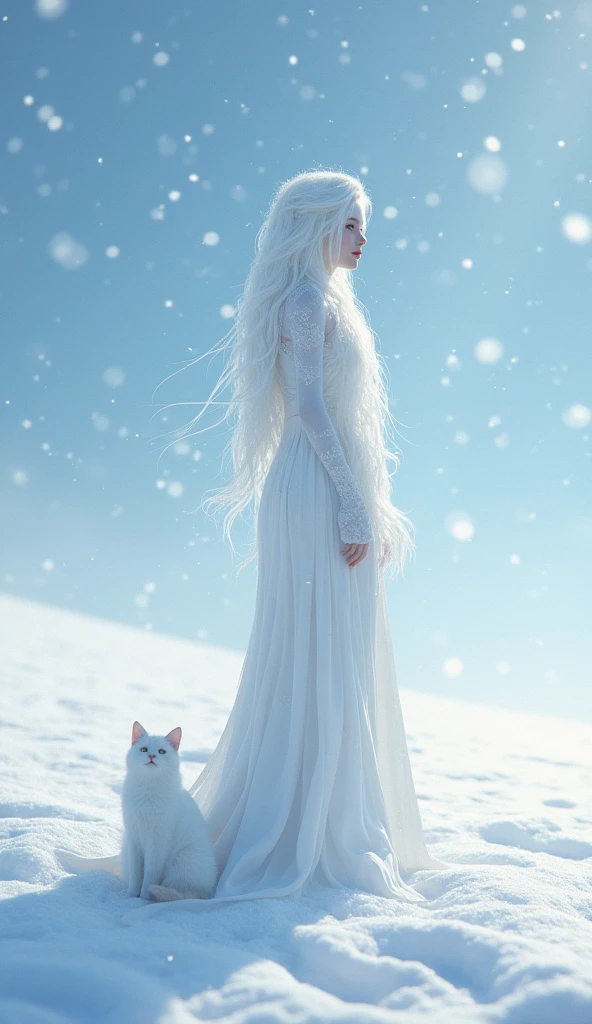 A vast snowy field, Goddess of the Eyes, high resolution, Beautiful Snow Maiden, Flower of the eye, Snow flurries are fluttering, 8k, happy smile, white cat