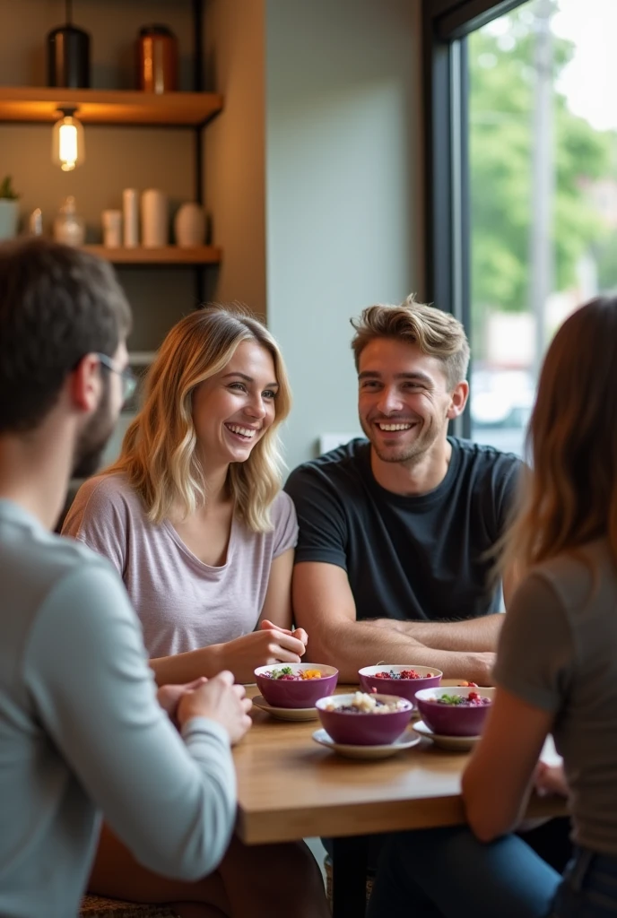 Realistic man and wife 25-35 years old, At the acai shop ,blonde hair eating acai , with friends Ultra HD, high qualiy, best qualityer, high resolution, 8k, 16K