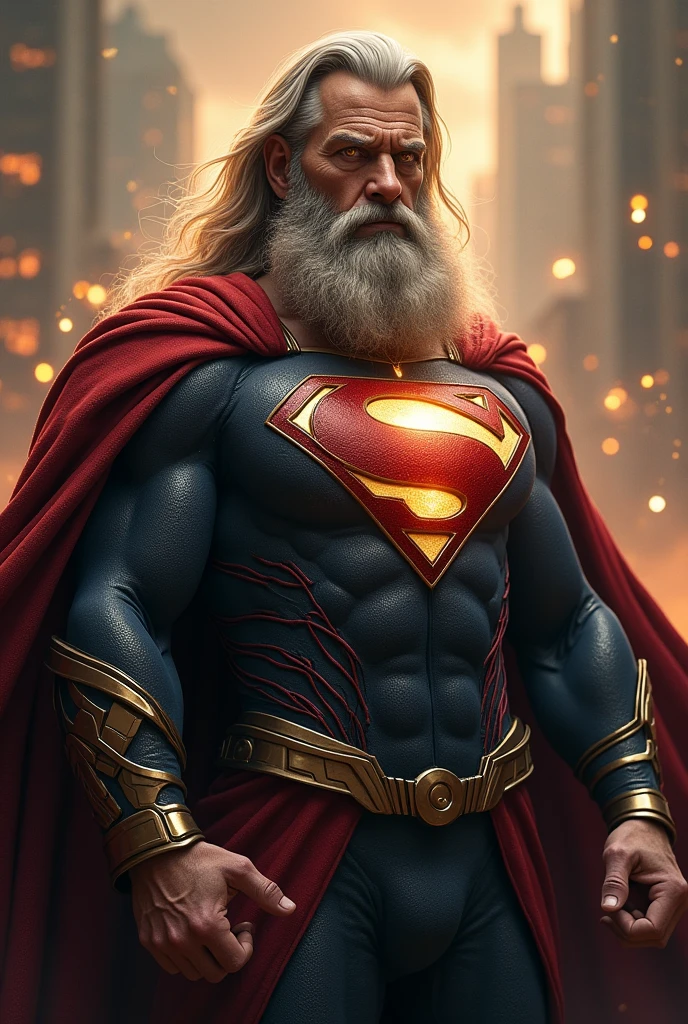 Make a picture of a super hero with the letter X written on its chest. wITH super bright golden eyes, Long hair and beard and . Older .