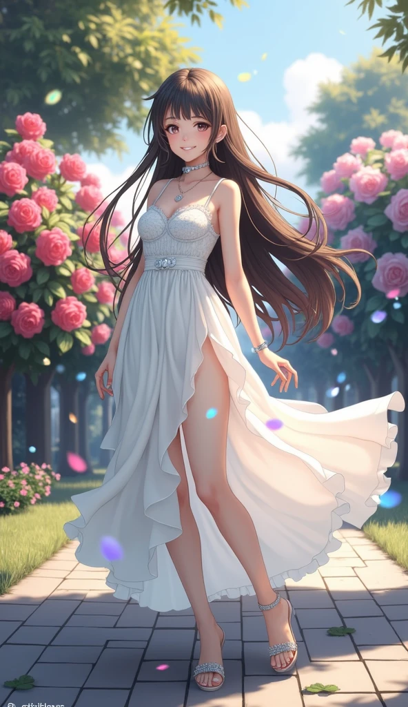 (masterpiece、Highest quality、8k、High resolution)、(One female、Beautiful Face、Beautiful eyes、Beautiful lips、Beautiful nose)、smile、The white upper teeth are faintly visible、Brown-black hair、(The best girl in anime)、garden、blue sky、Colorful flowers are blooming、Vibrant colors、Red roses are beautiful、(Body、whole bodyから神秘的な光の粒子、Colorful light particles、A mysterious light glowing around the head)、melt、jewelry、necklace、dress、(whole body)、Highly detailed anime art、A complete portrayal、