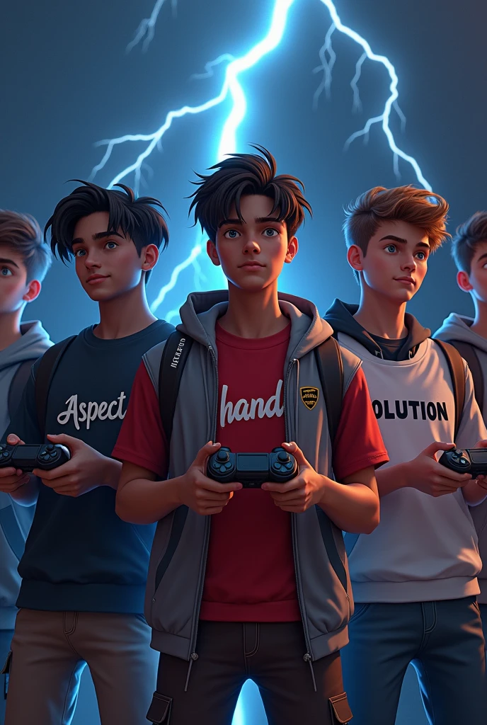 A squad of teen boys,all chocolate skin, all wearing black skin jeans,one boy with a black t-shirt written ASPECT on it ,one boy in a grey hoodie written PHANTOM on it ,one boy with a red t-shirt written SHADOW,one boy with a white vest written EVOLUTION on it,all boys with different hair styles ,a dark back ground with lightening , holding game controllers each one 